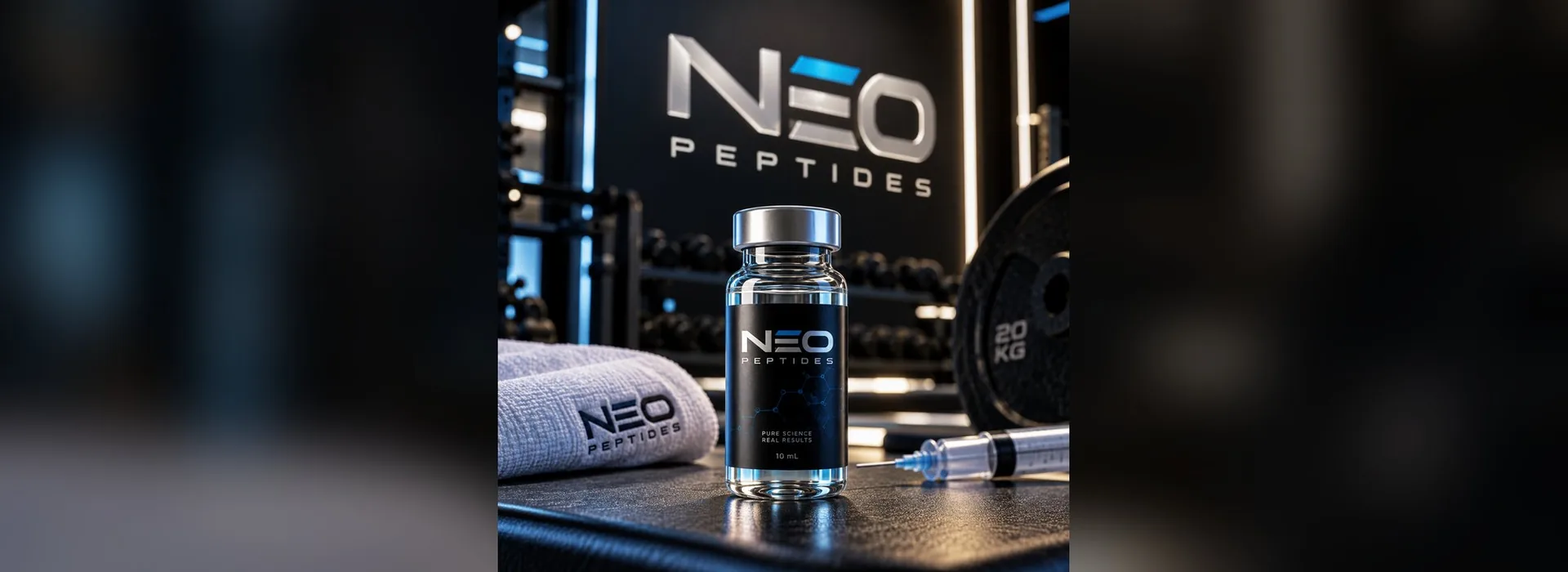 Frasco NEO PEPTIDES sobre bancada, com o logo NEO PEPTIDES ao fundo
