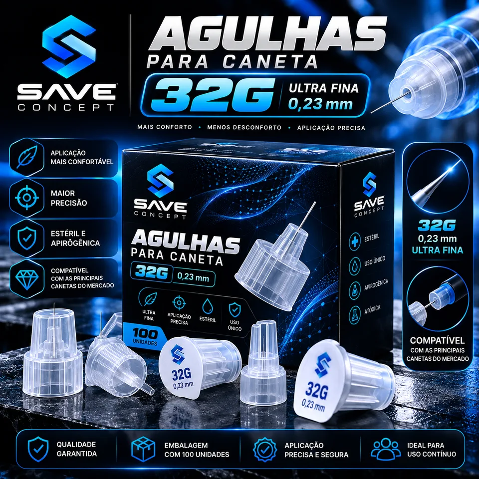 Caixa de agulhas para caneta NeoPeptides 32G com 100 unidades e agulhas ao lado