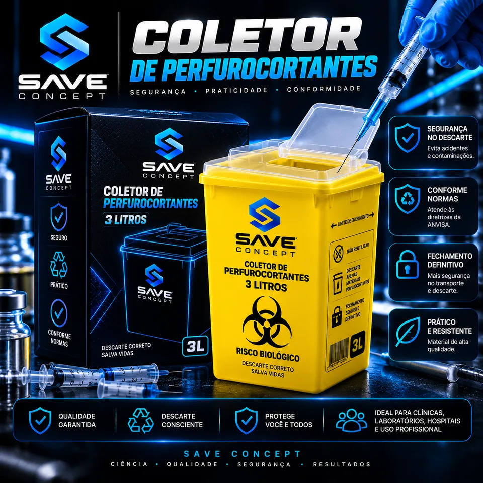 Coletor de perfurocortantes NeoPeptides de 3 litros, amarelo, com a caixa ao lado