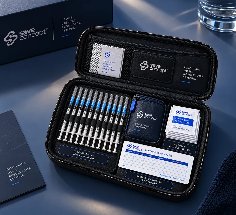 Kit de Aplicação NeoPeptides aberto, com seringas, bolsa térmica e lenços com álcool