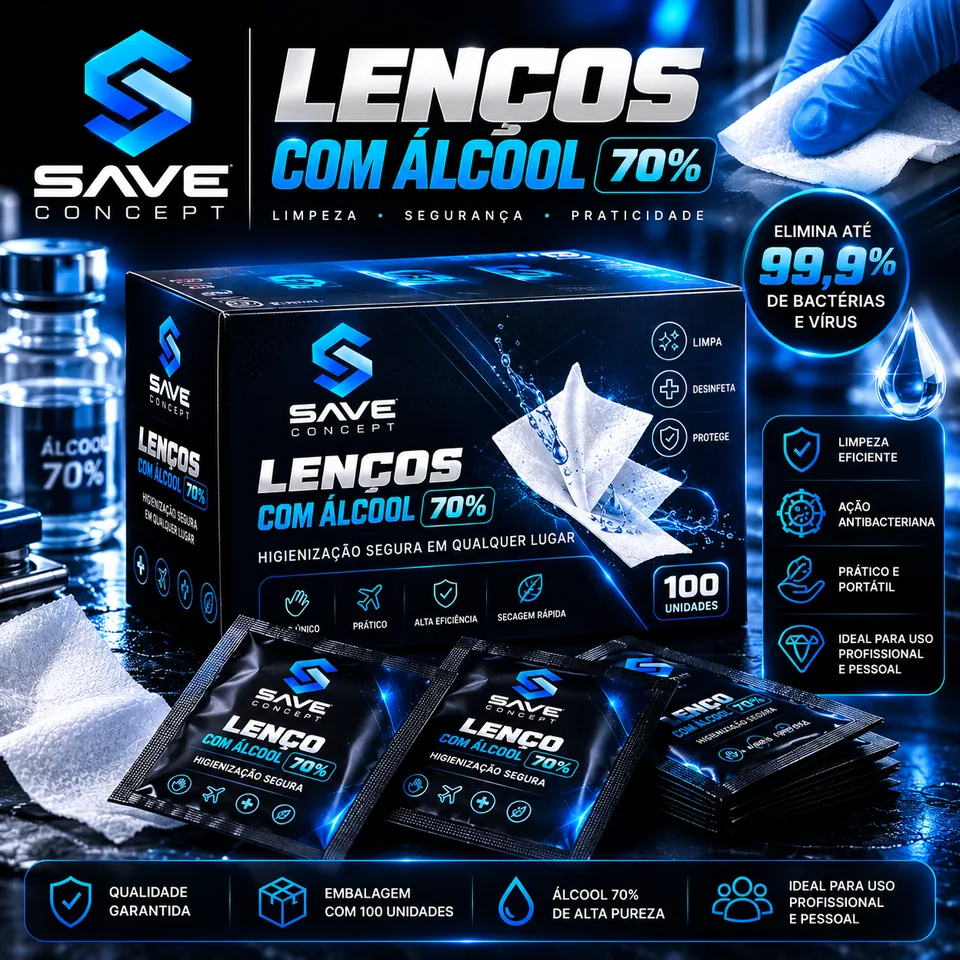 Caixa de lenços com álcool 70% NeoPeptides com 100 unidades e sachês ao lado