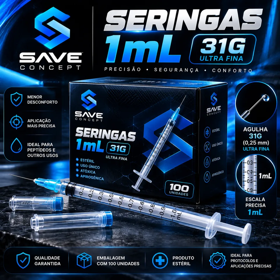 Caixa de seringas NeoPeptides 1ml 31G com 100 unidades e seringas ao lado